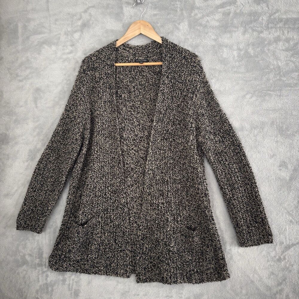 Eileen Fisher Organic Cotton Boucle Cardigan Womens M Black Gray Open Front